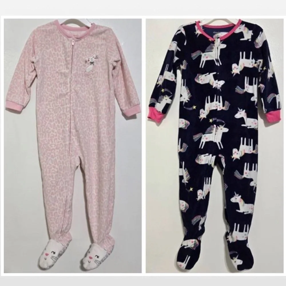 2 Footed Fleece Pajamas Girls 2T Animal Print Pink Leopard Cat & Blue Unicorn